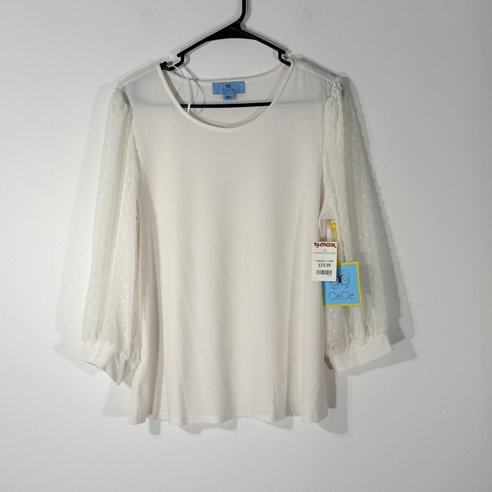 CeCe Ivory Blouse with Sheer Sleeves